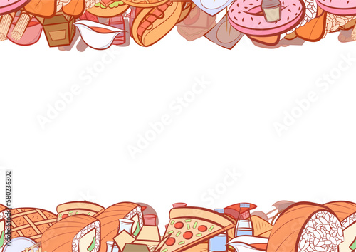 Background pattern abstract design texture. Japanese food and American food. Horizontal seamless stripes. Border frame, transparent background. Theme is about donut, pizza, topping, soba
