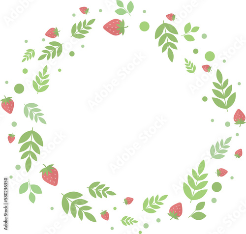 Round frame of strawberries and green leaves and twigs in flat