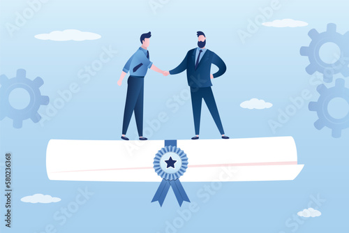 Certificate of new contract, businessmen shake hands while standing on large paper roll. Job offer or agreement between business partners. Entrepreneurs made profitable deal.