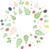 Round frame of berries and fruits and green pink leaves and twigs in flat