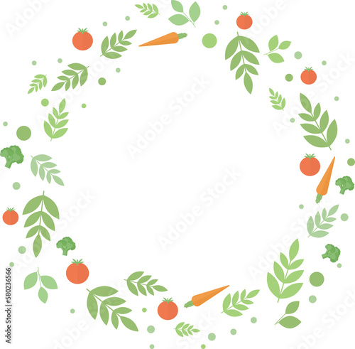 Round frame of vegetables - tomatoes, carrots, broccoli, and green leaves in flat