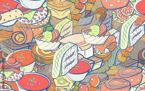 Background pattern abstract design texture. Seamless. Snacks. Theme is about covered, salad, twisted, sausage, snack, cream, satiety, biscuit, liquids, marshmallows, salmon, cherry, cheese