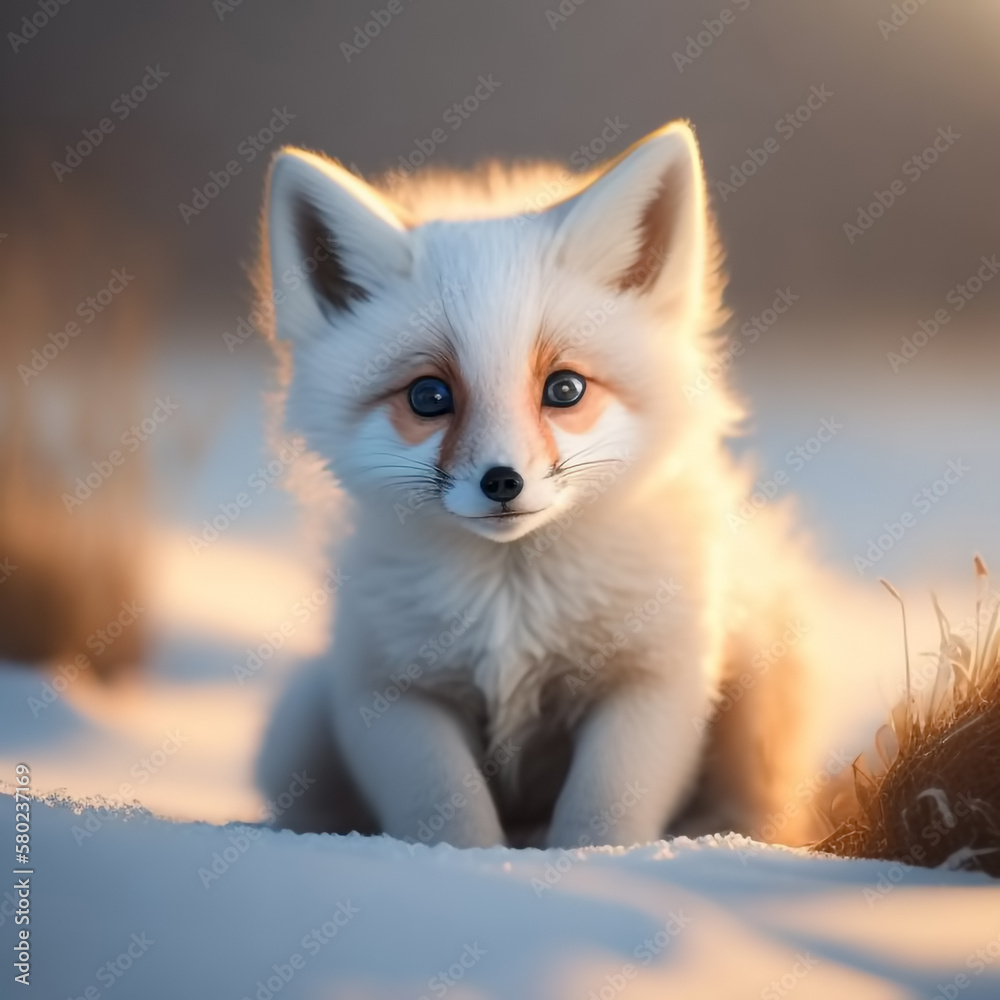 Cute and adorable baby fox sitting in snow field. Generative AI