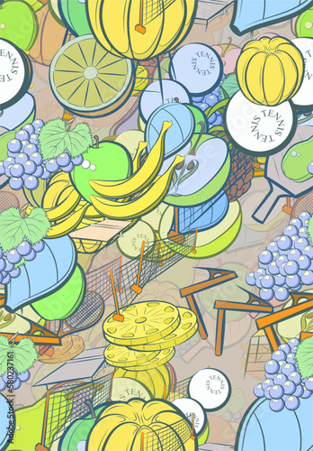 Background pattern abstract design texture. Seamless. Tennis and Fruits. Theme is about game, case, bunch, clip, fruit, table, round grapes, tennis racket case, net, orange, couple, lobules