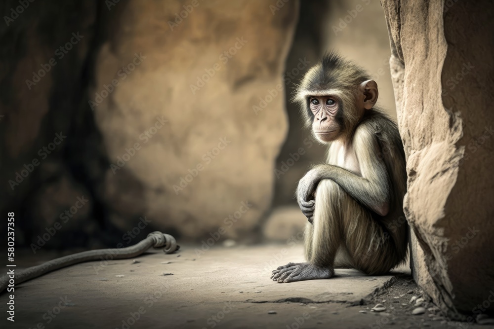 A young monkey is sitting alone, and the rest of the group can be seen in the distance. Generative AI