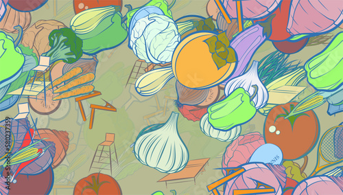 Background pattern abstract design texture. Seamless. Tennis and Health food. Theme is about chair, bitter, egg, head of cab, vegetables, onion feathers, cabbage, shell, tomato, observer