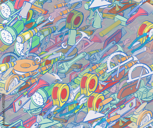 Background pattern abstract design texture. Seamless. Repair and Building tools. Theme is about circular saw, hand saw, electrician, painting walls, paper cutter, knife, mounting, heavy tool