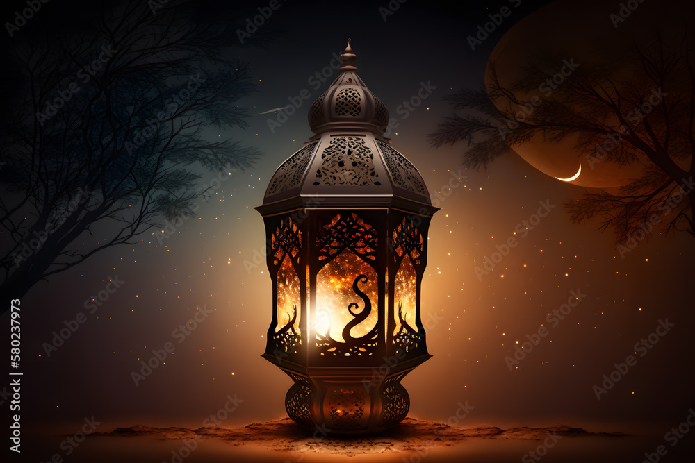 Arabic lantern, Ramadan kareem background made with Generative AI