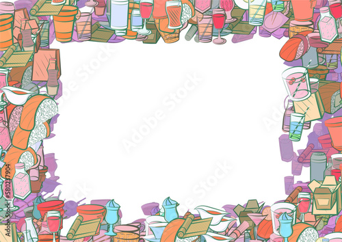 Background pattern abstract design texture. Drinks and Japanese food. Border frame, transparent background. Theme is about packet, bottles, sushi salmon, thread, cola, cherries, wineglass
