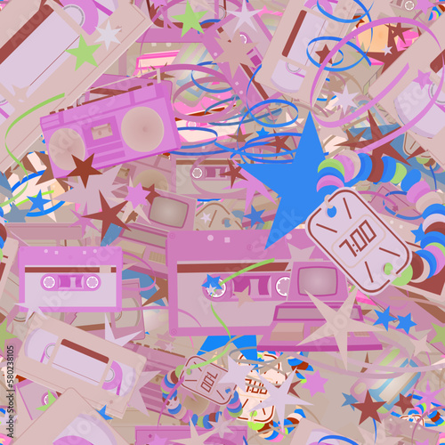 Background pattern abstract design texture. Seamless. Theme is about clock, weaving, sweets, shapes, pager, audio, stars, woven, 80s, candy watches, stripes, repeat, irregular, confetti