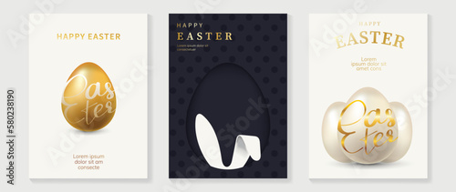 Happy Easter luxury element cover vector set. Elegant golden and white 3D shiny easter egg decorated with typography, bunny ear shape. Adorable glamorous design for decorative, card, kids, poster.