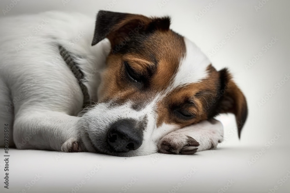 An lovely Jack Russell Terrier sleeping on a white backdrop in a studio photo. Generative AI