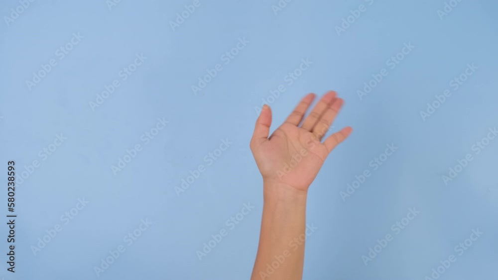 Female hand waving greeting or goodbye gesture isolated on blue studio background. Pack of Gestures movements and body language. Female hand waving greeting or goodbye gesture isolated on blue studio background. Pack of Gestures movements and body language.