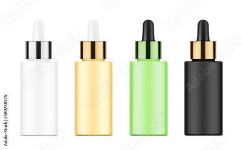 Realistic dropper bottle mockup. Vector illustration isolated on white background. Сan be used for cosmetic, medical and other needs. EPS10.
