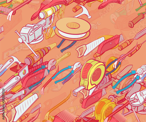 Background pattern abstract design texture. Seamless. Repair and Building tools. Theme is about evenness, handle, clogging, chopping, hammer, drawing, measurement, alignment, shine, carpentry wood