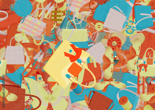 Background pattern abstract design texture. Seamless. Theme is about girl, satchel, graphic, stuff, handbag, wool, scissors, casual, background, ornate, wing, vector, business, silhouette