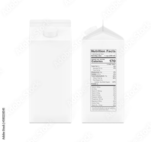 Packaging box for milk, juice mockup. Vector illustration isolated on white background, ready and simple to use for your design. EPS10.