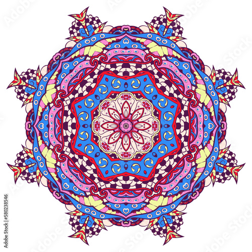 Mandala. Tracery wheel image. Mehndi design. Ethnic doodle art. Curved doodling picture. Vector