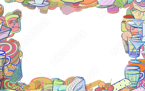 Background pattern abstract design texture. Snacks and Drinks. Border frame, transparent background. Theme is about Khinkali, glass, lettuce leaf, strung up, crab meat, cucumber, roll