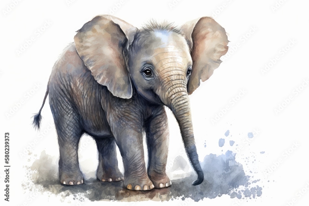 Fototapeta premium Watercolor baby animal elephant. Cute cartoon cub illustration. Baby, birthday, kid, child. Generative AI