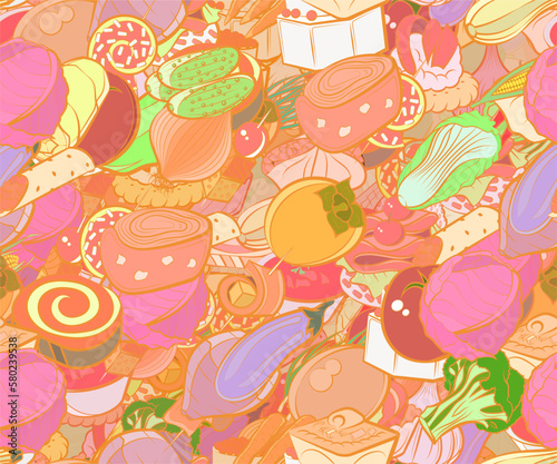 Background pattern abstract design texture. Seamless. Snacks and Health food. Theme is about vegetables, onion feathers, cheese, stick, jelly, pancake, washed, whole onion, cake, borscht