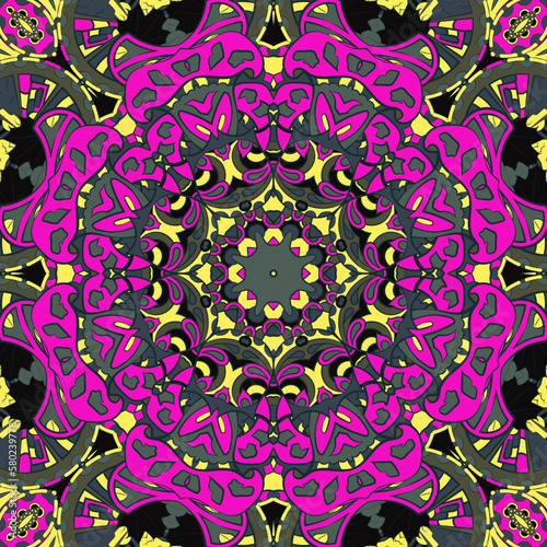 Seamless tile texture. Tracery mehndi design image. Dark toxic colors. Ethnic doodle art. Curved doodling picture. Vector