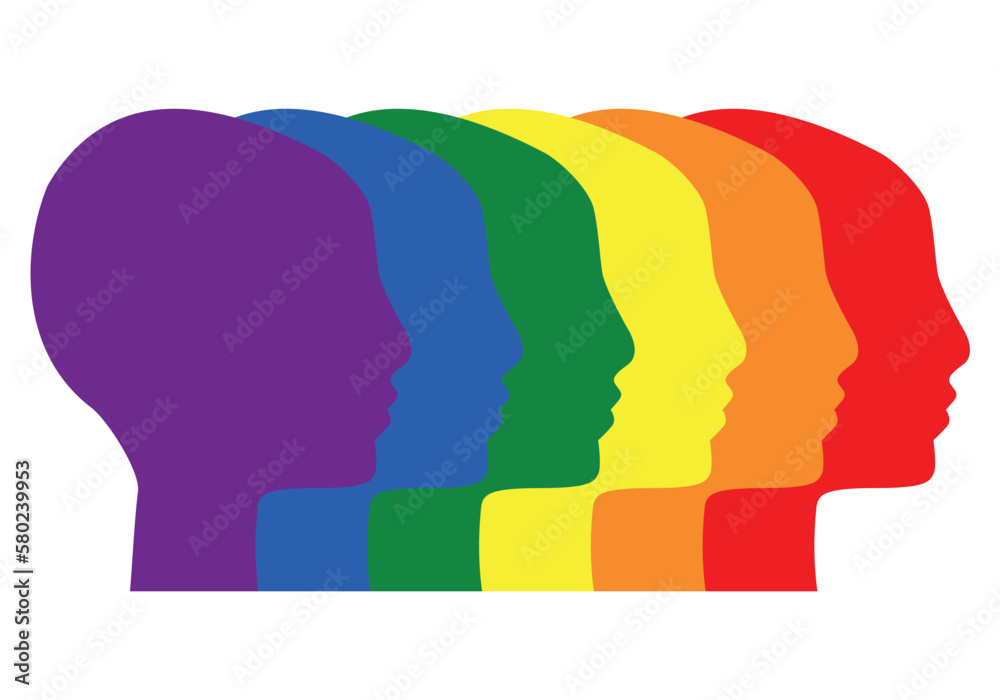 People supporing LGBT rights. Multiethnic people communicate, vector illustration. Faces of diverse cultures in propfile in different colors of the rainbow. LGBTQ community