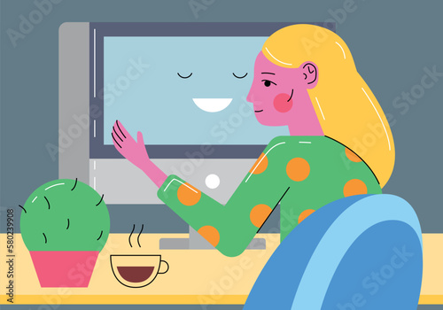 Young girl sits at the workplace. Character successfully passed test or exam. Distance learning and education, accepted. Cartoon flat vector illustration. Business Woman Working on Personal Computer