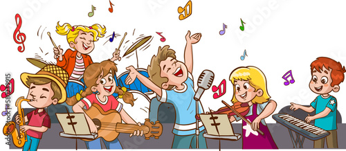 Cartoon group of children singing and dancing in the school choir