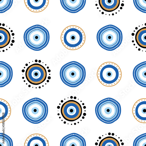 Greek evil eye vector symbol of protection. Seamless pattern. Turkish Nazar Boncugu amulet illustration. Believed that it protects against evil eye. Background of blue Turkish eyes