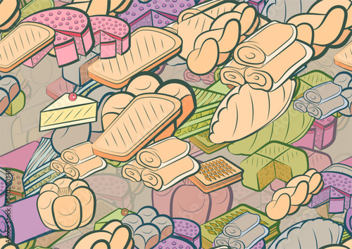 Background pattern abstract design texture. Seamless. Bakery products. Theme is about baklava, round, bakery, lush, cheesecake, saturated with filling, roll, a stack, sennit, braid, cherry