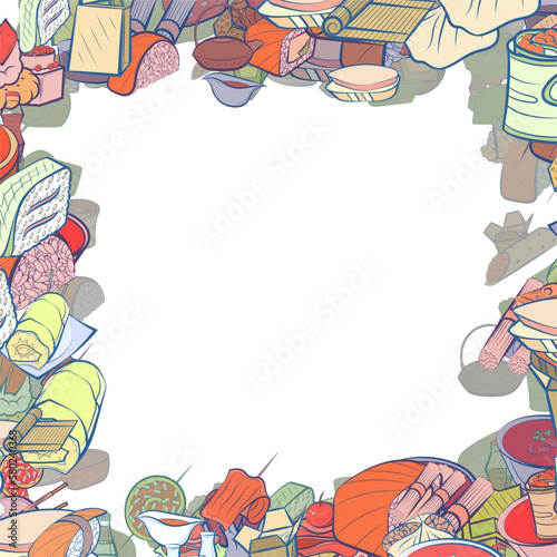 Background pattern abstract design texture. Japanese food and Snacks. Border frame, transparent background. Theme is about snack, soba, soy sauce, caramel, soup, cherry, cucumber, loaf, 
