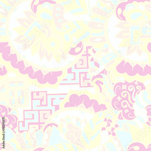 Tracery seamless pattern. Mehndi design. Pastel. 6 colors. Ethnic doodle texture. Curved doodling background. Vector