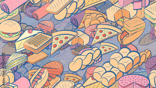 Background pattern abstract design texture. Seamless. Bakery products and American food. Theme is about potato, twist, a stack, cut, pie, donut, American cake, bakery products, cheese, sandwich