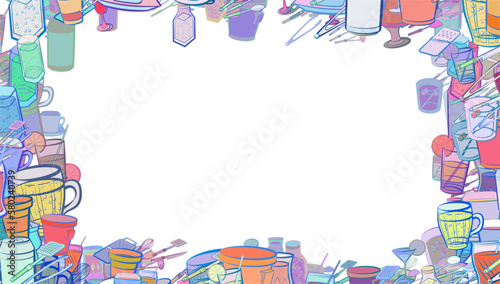 Background pattern abstract design texture. Cutlery and Drinks. Border frame, transparent background. Theme is about ice cream, cola, grater, soda can, kvass, beer, coffee, lemon, holes