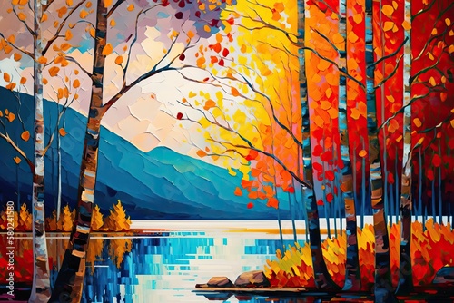 Colorful autumn trees  abstract forest painting  Ai generated 