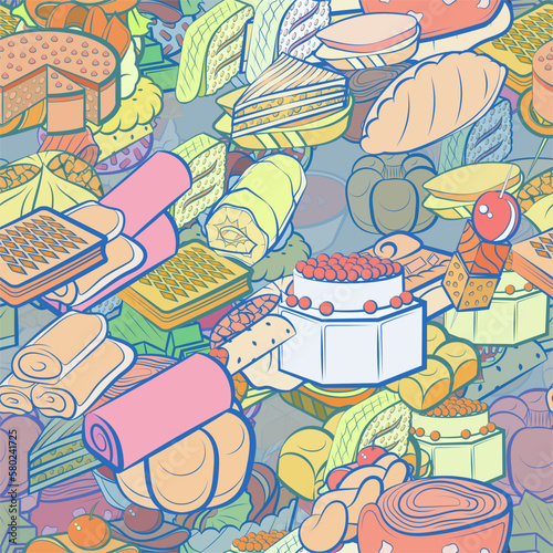 Background pattern abstract design texture. Seamless. Snacks and Bakery products. Theme is about mini buns, wrapped up, biscuit, pancake, wand, lush, waffles, round, strung up, bacon, twist