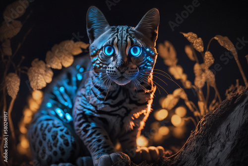 Mystical glowing Diviya, Leopard, or big cat in Srilanken magical rainforest. Isolated on blurred background. Stunning animals in nature travel or wildlife photography made with Generative AI photo