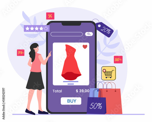 Young fashion women Choose and Buy Fashion Items on Ecommerce Marketplace on mobile Screen, online shopping app.