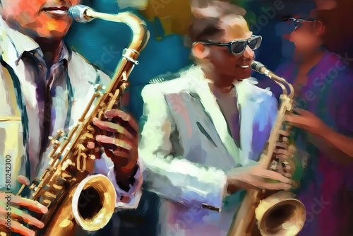 Saxophone musician, jazz band performance, oil painting (Ai generated)