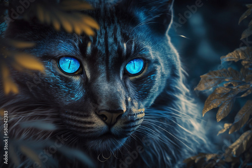 Mystical glowing black tiger or cat face in a magical nature. Isolated on blurred background. Stunning animals in nature travel or wildlife photography made with Generative AI photo