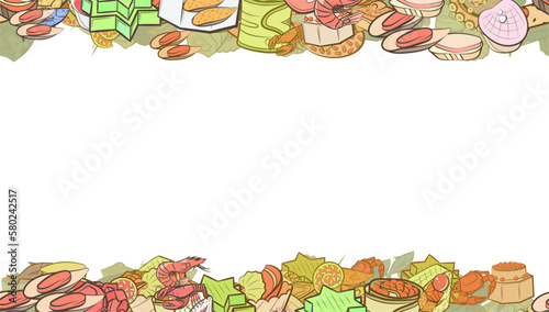 Background pattern abstract design texture. Seafood and Snacks. Horizontal seamless stripes. Border frame, transparent background. Theme is about tentacle, cake, strung up, crab meat, sandwich