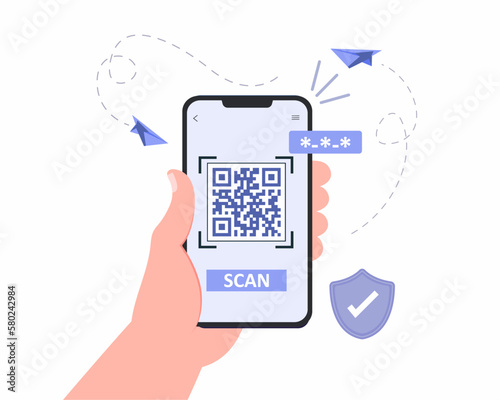 Man hand holding a phone and scanning QR code. Barcode scanner technology.