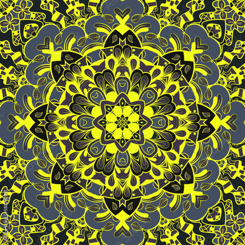 Seamless tile texture. Tracery mehndi design image. Dark toxic colors. Ethnic doodle art. Curved doodling picture. Vector