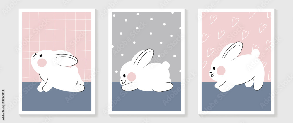Cute comic easter wall art vector set. Collection of adorable hand drawn playful rabbits background. Design illustration for nursery wall art in doodle style, baby, kids poster, card, invitation. Cute comic easter wall art vector set. Collection of adorable hand drawn playful rabbits background. Design illustration for nursery wall art in doodle style, baby, kids poster, card, invitation.