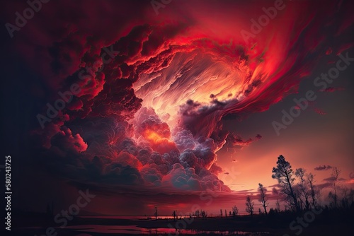 The outdoors as a backdrop. Swirling red clouds create a dramatic sky. Superior image quality. Generative AI