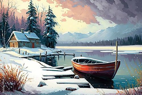Winter landscape with ice lake and boat (Ai generated)