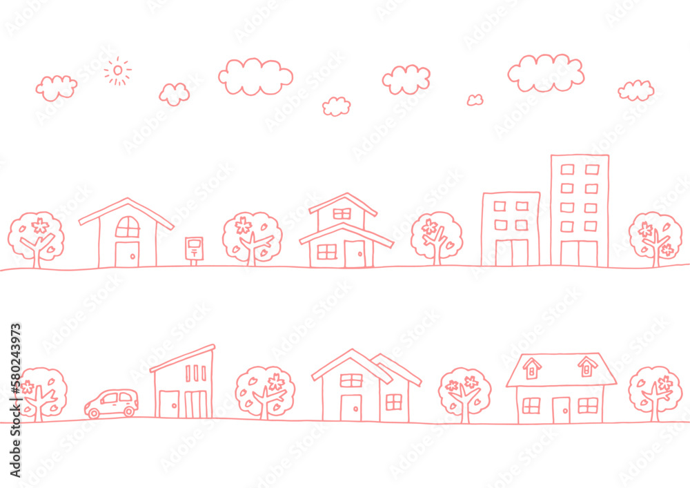 ペンで書いた手描きの春の線の街並みイラスト ペンで書いた手描きの春の線の街並みイラスト