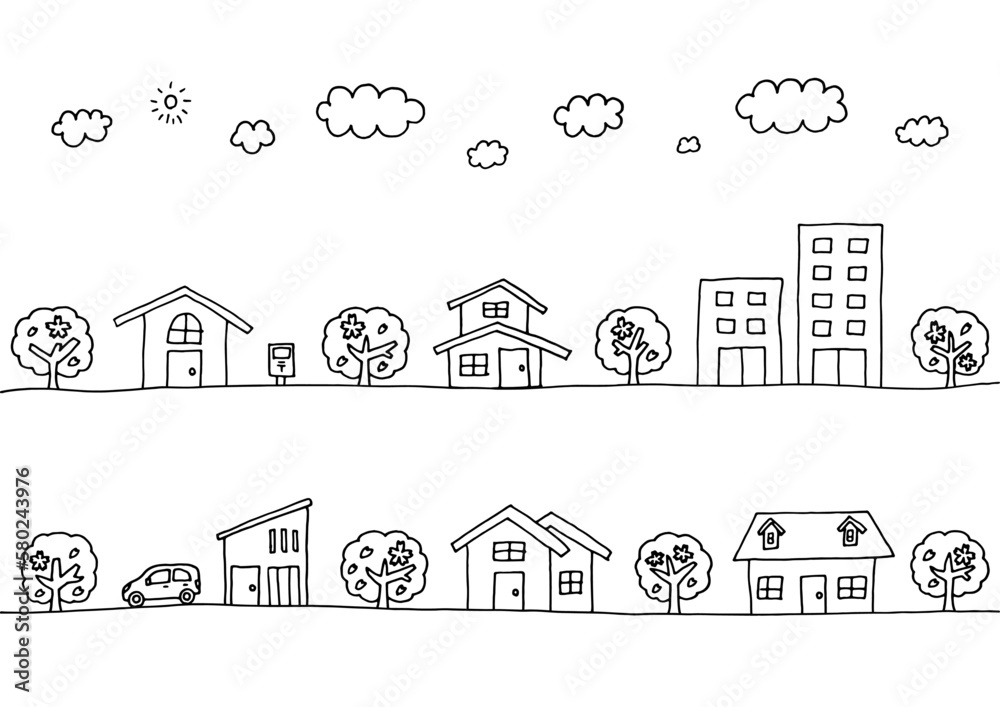 ペンで書いた手描きの春の線の街並みイラスト ペンで書いた手描きの春の線の街並みイラスト