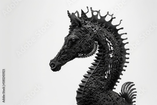 Black seahorse on a white background. Generative AI